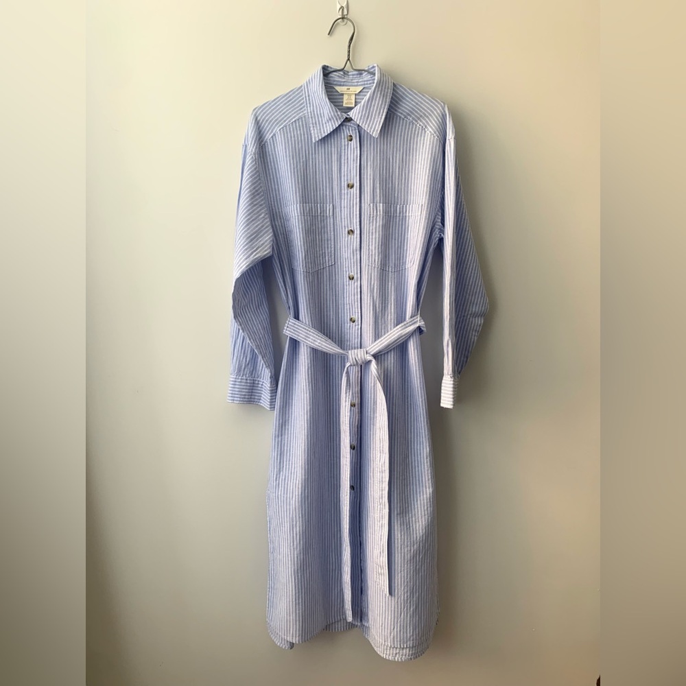 H&M Light Blue Striped Linen and Cotton Long Sleeve Shirt Dress with belt